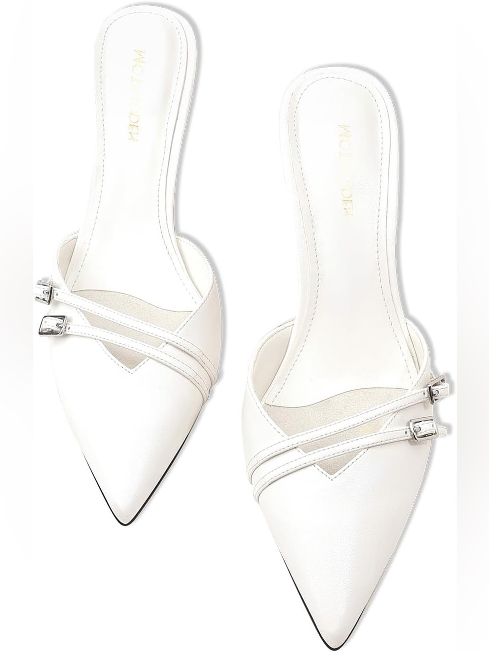 Marc Fisher White Pointed Toe Double-Buckle Slip-On Mules